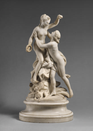 A marble sculpture of Fidelity crowning Love.  Love looks up at Fidelity who is elevated a bit …