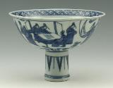 Blue and white porcelain stemed bowl with figural decoration