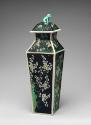 Alternate view of porcelain square covered vase with black ground and floral and vegetal design…