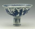 Blue and white porcelain stemed bowl with figural decoration