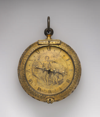 Frontal view of Gilt Brass Coach Clock-Watch showing a dial with engraved decoration of a stand…