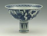 Blue and white porcelain stemed bowl with figural decoration