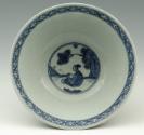 Blue and white porcelain stemed bowl with figural decoration, view of inteior with seated figur…