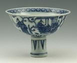 Blue and white porcelain stemed bowl with figural decoration