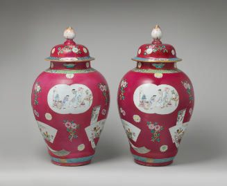 Two large covered jars made of hard-paste porcelain with polychrome overglaze