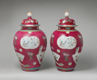 Two large covered jars made of hard-paste porcelain with polychrome overglaze