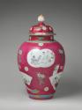 Alternate view of large covered jar made of hard-paste porcelain with polychrome overglaze