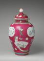 Alternate view of large covered jar made of hard-paste porcelain with polychrome overglaze