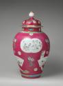 Alternate view of large covered jar made of hard-paste porcelain with polychrome overglaze