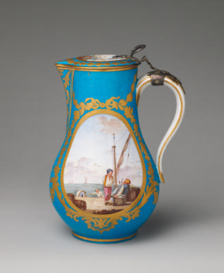 Porcelain water jug in blue, white, and gold with genre scenes