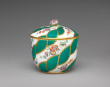 Alternate view of porcelain sugar bowl in green, white, and gold