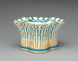 Porcelain basket-shaped dish in blue, white, and gold