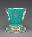 Alternate view of fan-shaped porcelain vase and stand with shepherd scene, Turquoise Blue Groun…