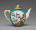 Alternate view of Porcelain teapot in white, blue, and gold with image of a bird in a tree