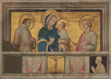 Painting of Madonna and Child standing in between two saints