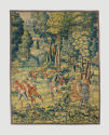Woven tapestry depicting deer hunt in wooded landscape