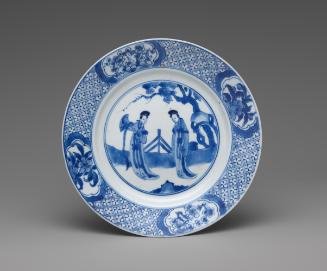 Blue and white porcelain plate with two standing women