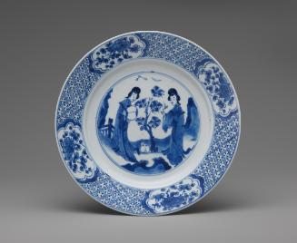 Blue and white porcelain plate with two standing women