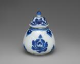 Blue and white porcelain covered jar with plant design