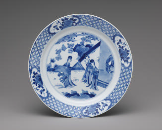 Blue and white porcelain plate with three figures
