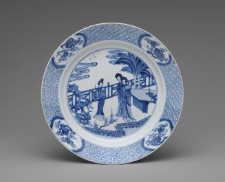 Blue and white porcelain plate with three figures