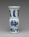 Alternate view of blue and white porcelain beaker vase featuring figures in robes