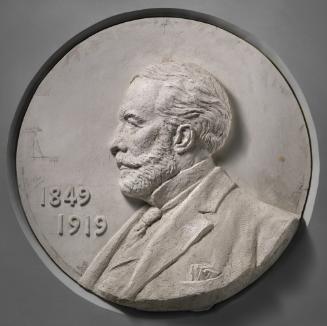 A white plaster relief portrait of Henry Clay Frick.  He is shown in profile on his left side. …