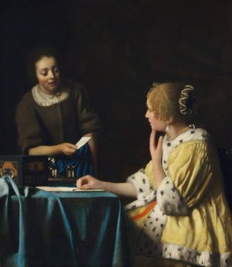 Oil painting of two woman by a table