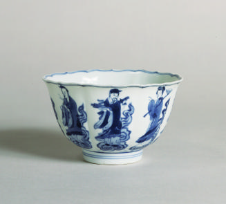 Blue and white porcelain barbed and lobed bowl showing eight robed figures.