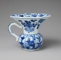 Alternate view of blue and white porcelain octagonal flower vase with handle