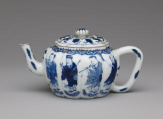 Blue and white porcealin squat melon-form wine ewer decorated with robed figures