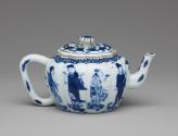 Alternate view of blue and white porcealin squat melon-form wine ewer decorated with robed figu…