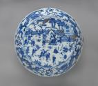 Alternate view of blue and white porcelain box decorated with figures in a landscape