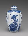 Alternate view of blue and white porcelain covered jar with floral decoration