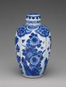 Alternate view of blue and white porcelain covered jar with floral decoration