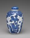 Alternate view of blue and white porcelain covered jar with floral decoration