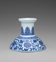 Alternate view of blue and white hard-paste porcelain low candlestick with underglaze blue foli…