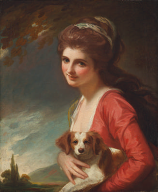 Oil painting of woman wearing pink dress and holding a dog