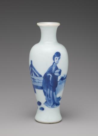 White hard-paste porcelain baluster vase with underglaze blue figural decoration