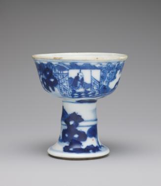 White hard-paste porcelain stem cup with underglaze blue decoration