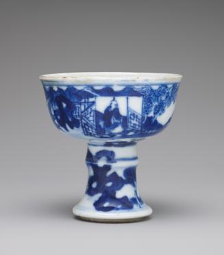 White hard-paste porcelain stem cup with underglaze blue decoration