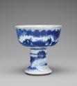 Alternate view of white hard-paste porcelain stem cup with underglaze blue decoration