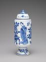 Alternate view of white hard-paste porcelain jar with lid and underglaze blue decoration