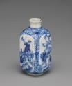 Alternate view of white and blue soft-paste porcelain vase with figural decoration