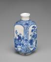 Alternate view of white and blue soft-paste porcelain vase with figural decoration