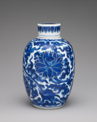 White hard-paste porcelain jar with cylindrical lid with underglaze blue decoration
