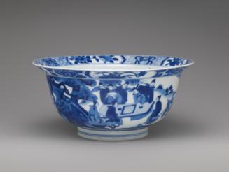 White hard-paste porcelain bowl with underglaze blue decoration, view of sides with figural dec…