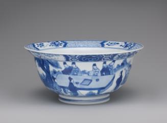 White hard-paste porcelain bowl with underglaze blue decoration, view of sides with figural dec…