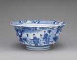 White hard-paste porcelain bowl with underglaze blue decoration, view of sides with figural dec…