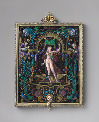 Painted enamel plaque of Jupiter under a canopy